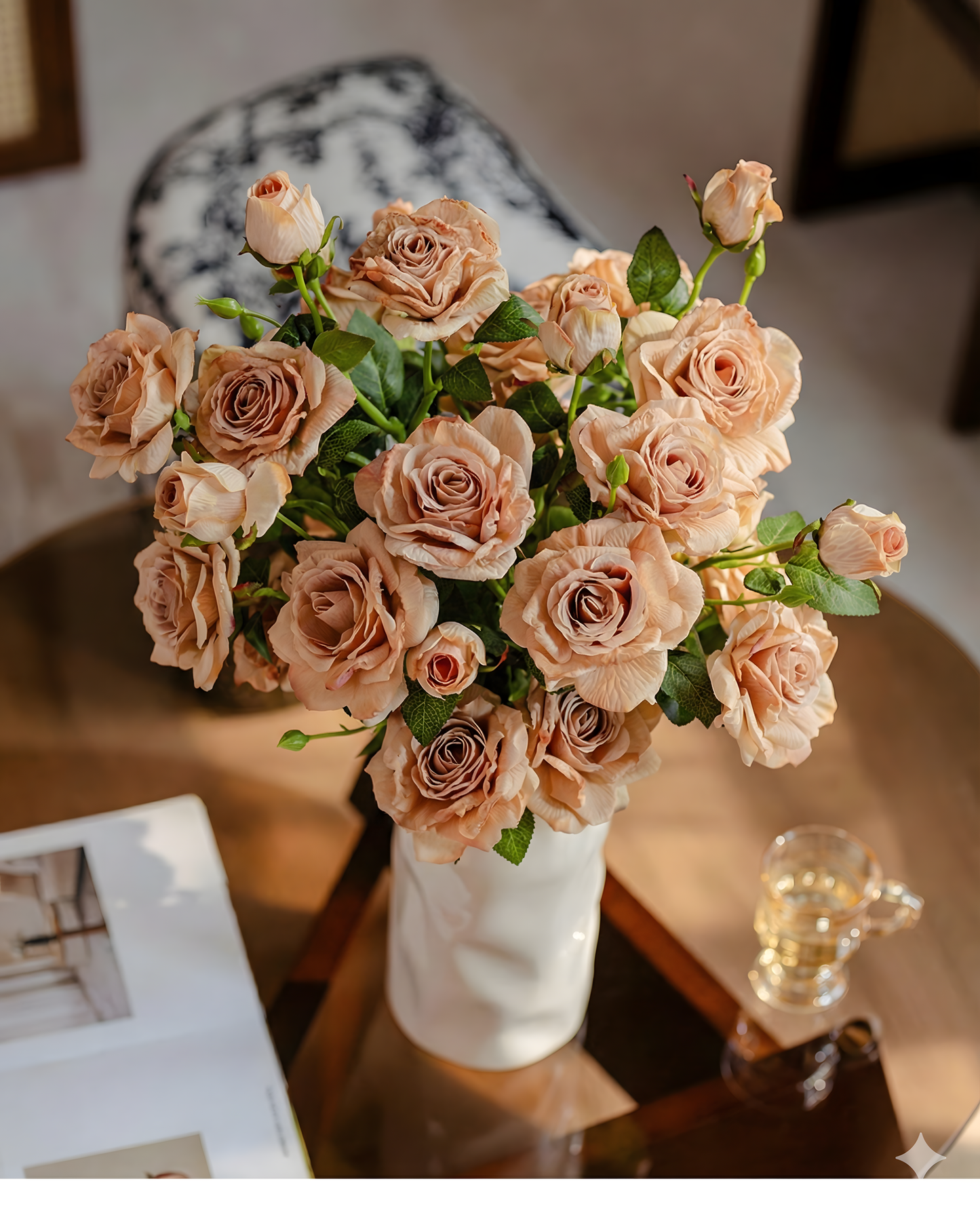 Peach European Vintage Rose Artificial Flower Stem – 21 Inch Triple Bloom