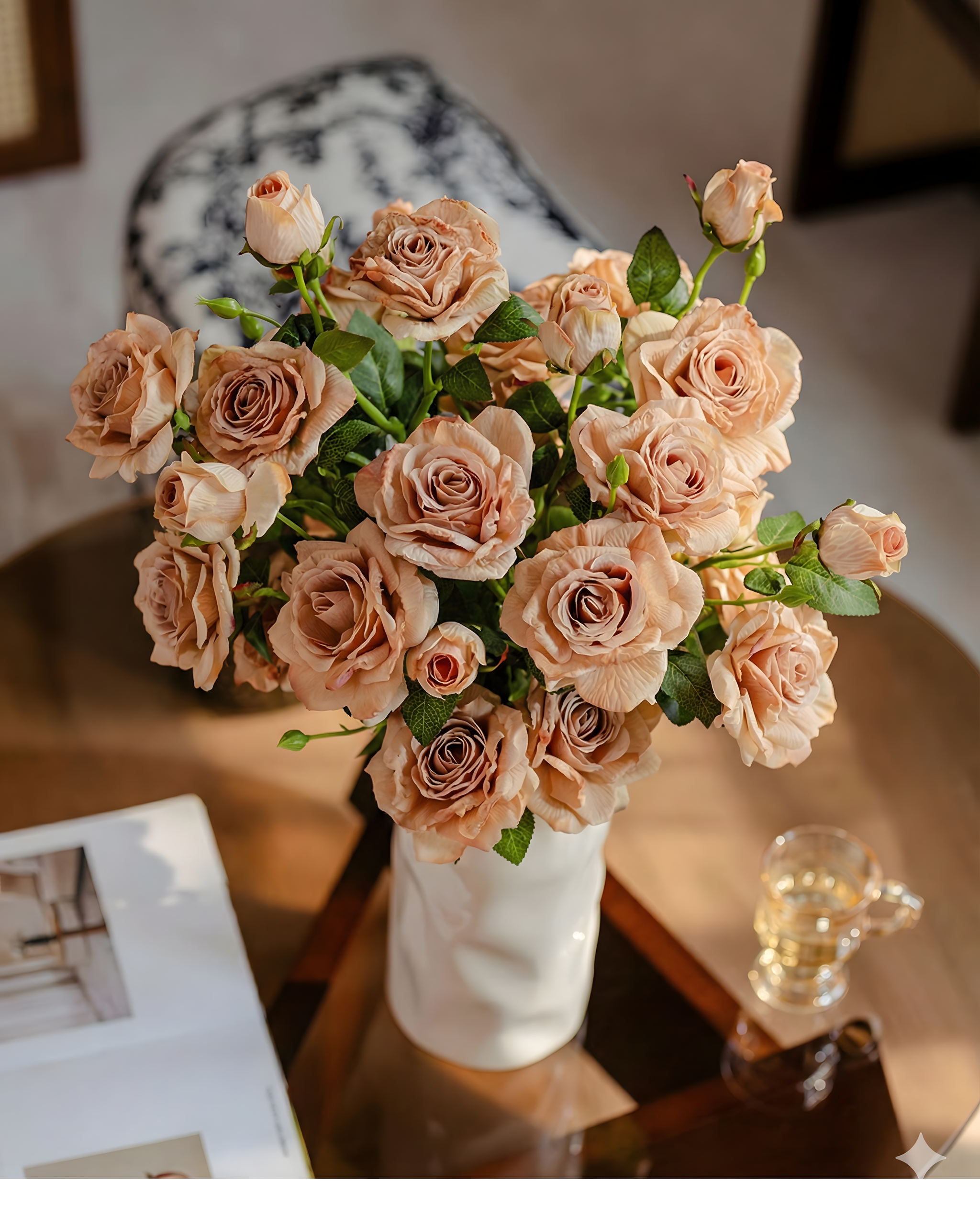 Peach European Vintage Rose Artificial Flower Stem – 21 Inch Triple Bloom