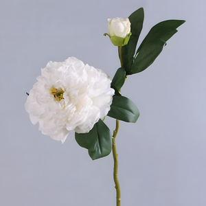 White Retro Peony Artificial Flower Stem – 50cm Realistic Bloom with Bud