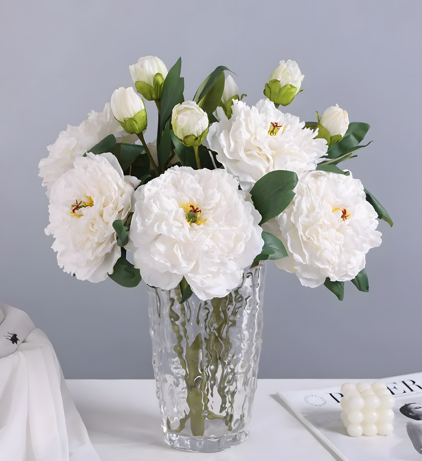 White Retro Peony Artificial Flower Stem – 50cm Realistic Bloom with Bud