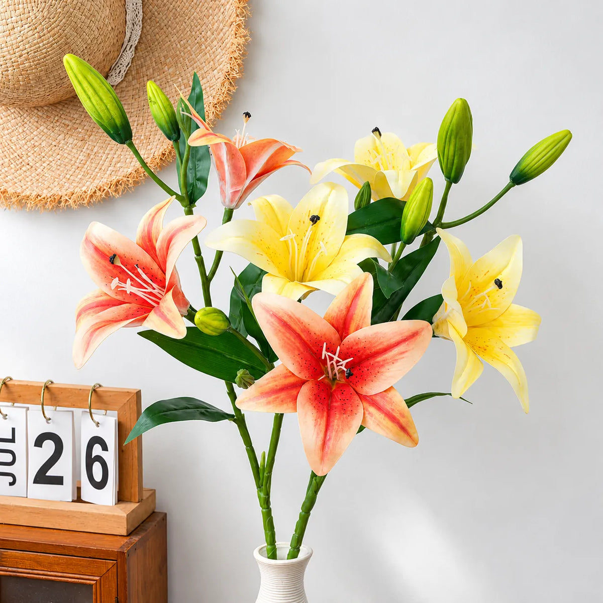Yellow Aurelia Lily Artificial Flower Stem – 78cm (30 Inch) with 3 Blooms