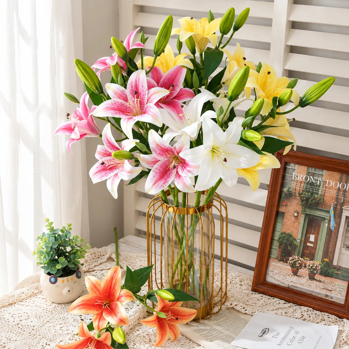 Yellow Aurelia Lily Artificial Flower Stem – 78cm (30 Inch) with 3 Blooms