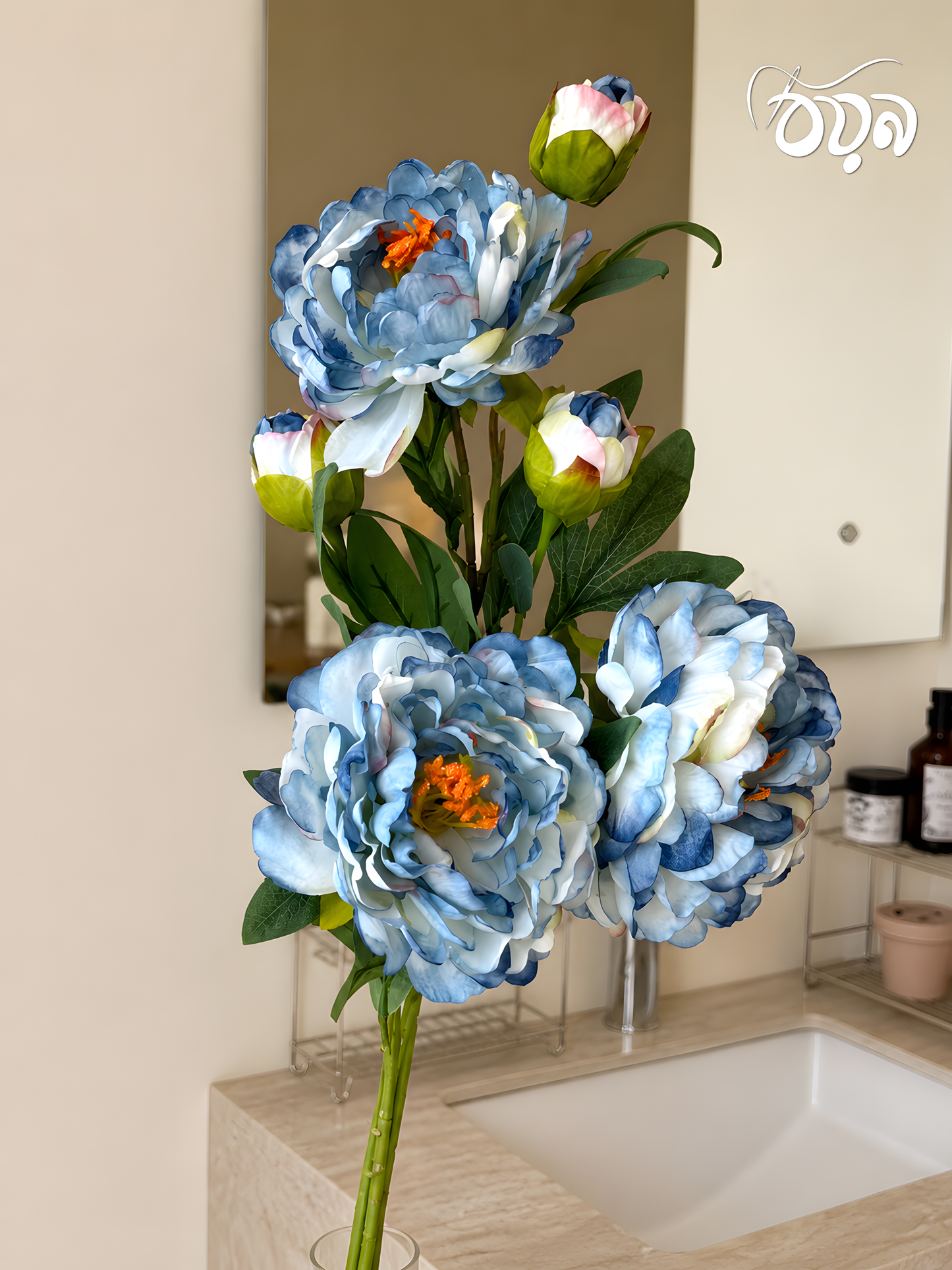 Blue Aurora Peony Artificial Flower Stem – 72cm Decorative Bloom with Bud