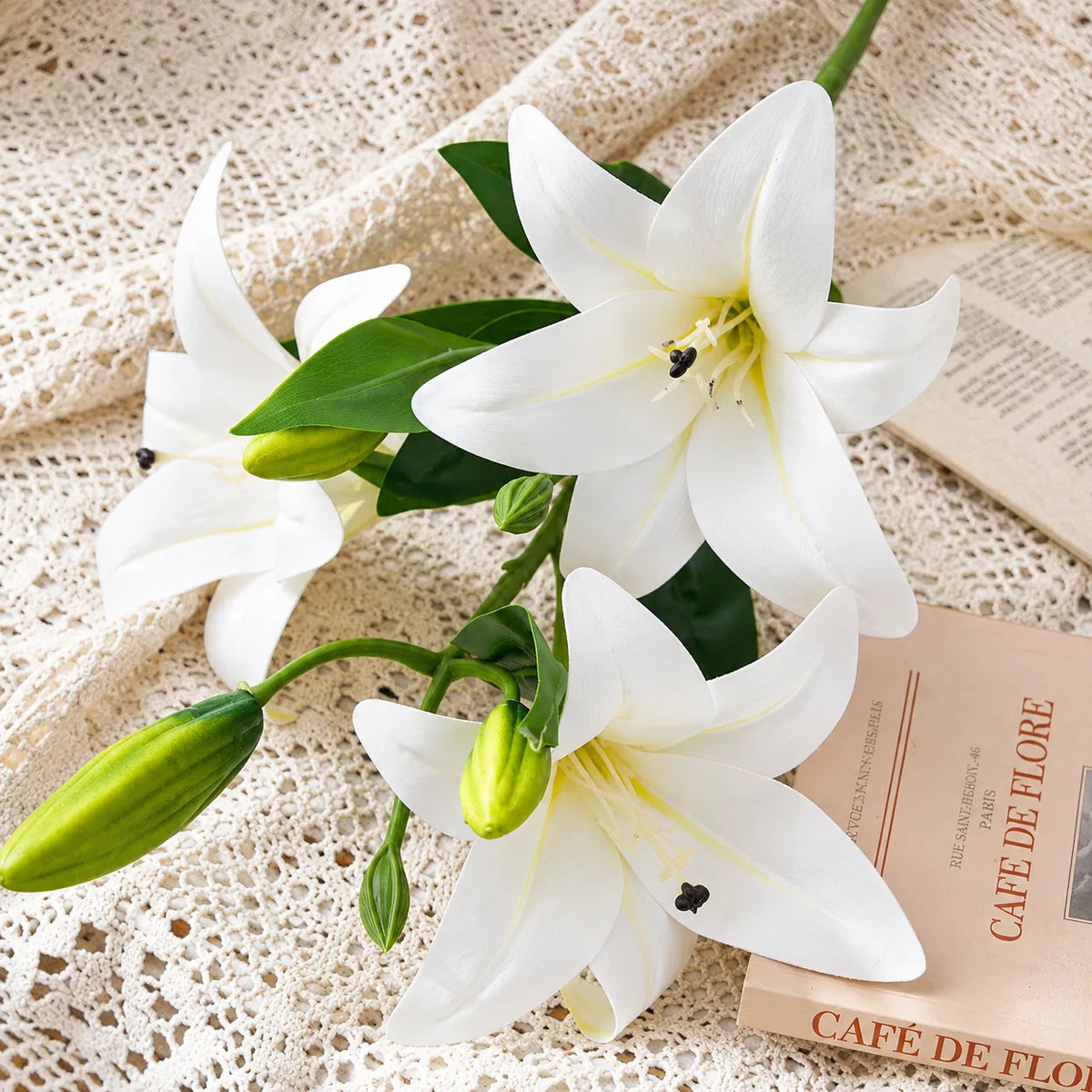 White Aurelia Lily Artificial Flower Stem – 78cm (30 Inch) with 3 Blooms