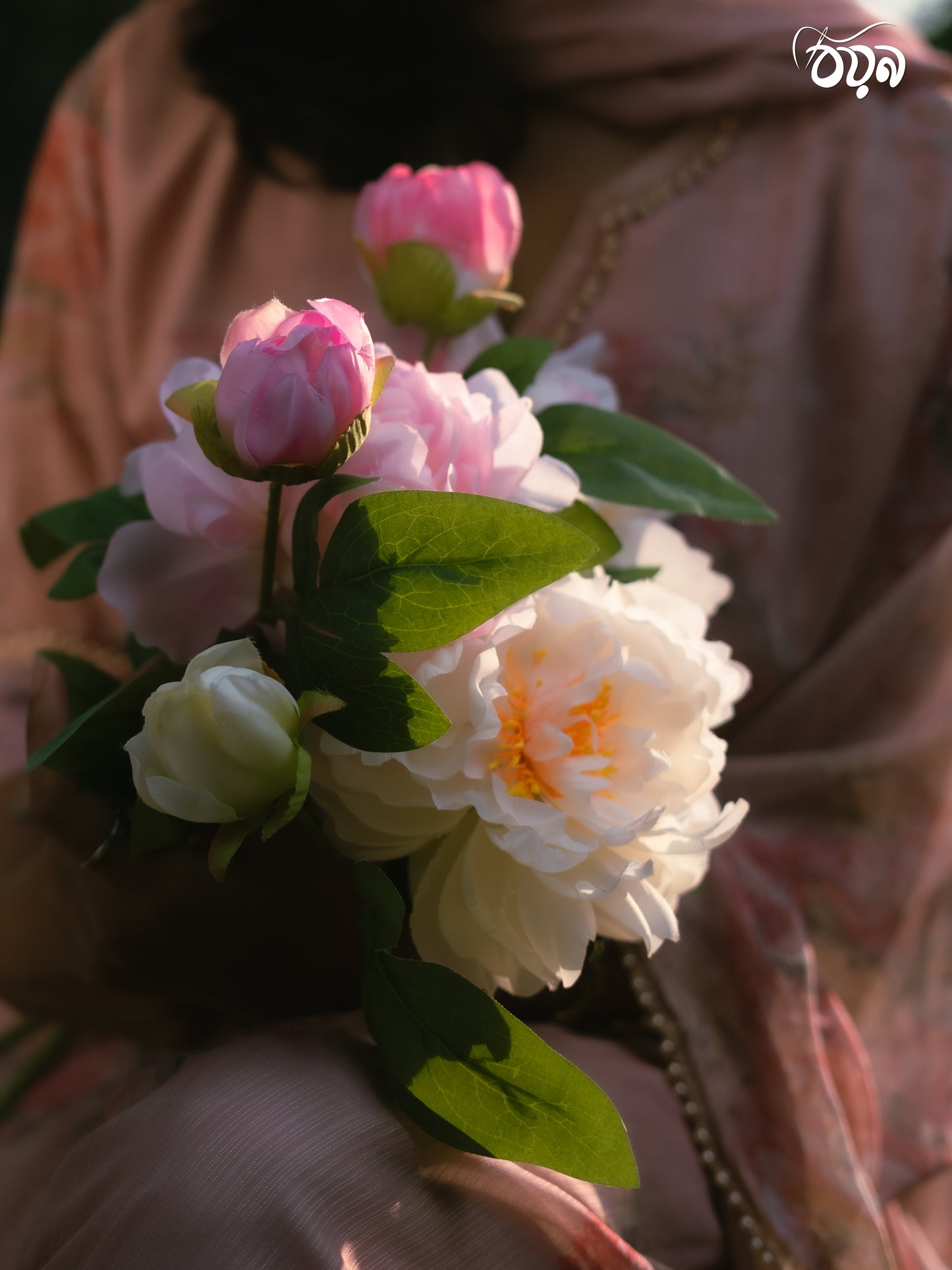 White & Pink Butterfly Peony Artificial Flower Stem – 65cm Dual-Tone Decorative Flower