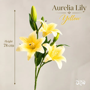 Yellow Aurelia Lily Artificial Flower Stem – 78cm (30 Inch) with 3 Blooms