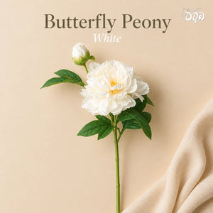 White Butterfly Peony Artificial Flower Stem – 65cm Realistic Bloom with Bud