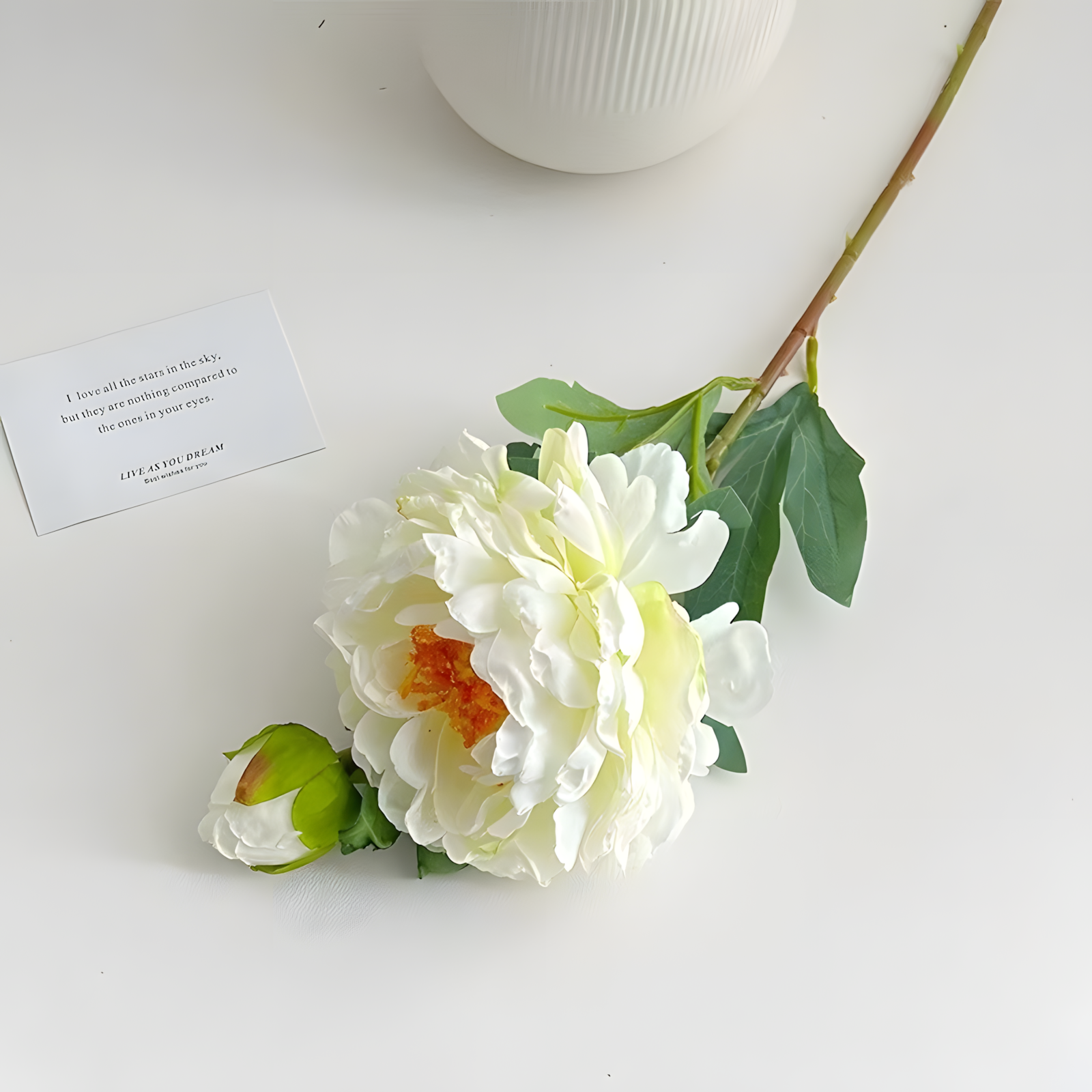 White Aurora Peony Artificial Flower Stem – 72cm Realistic Bloom with Bud