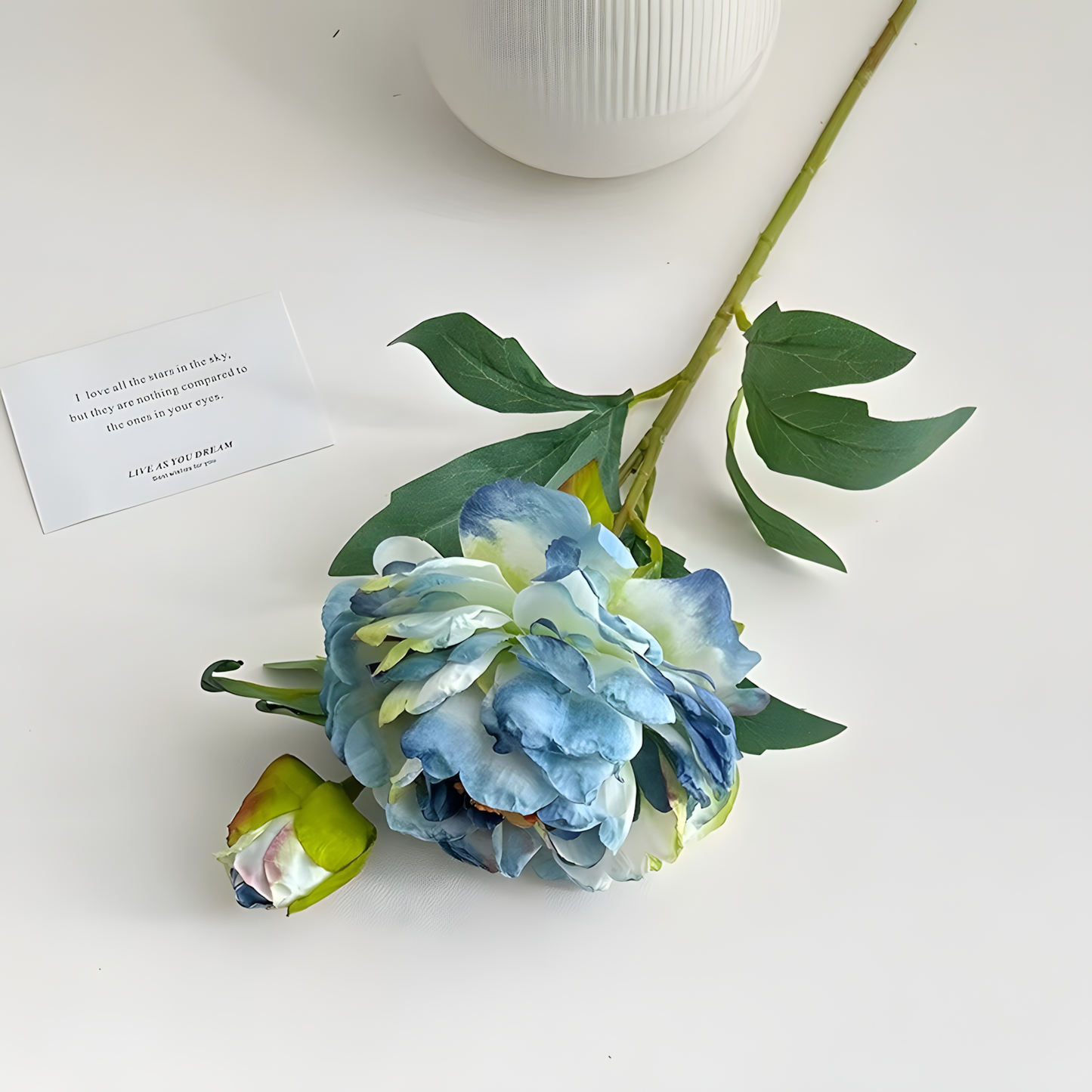 Blue Aurora Peony Artificial Flower Stem – 72cm Decorative Bloom with Bud
