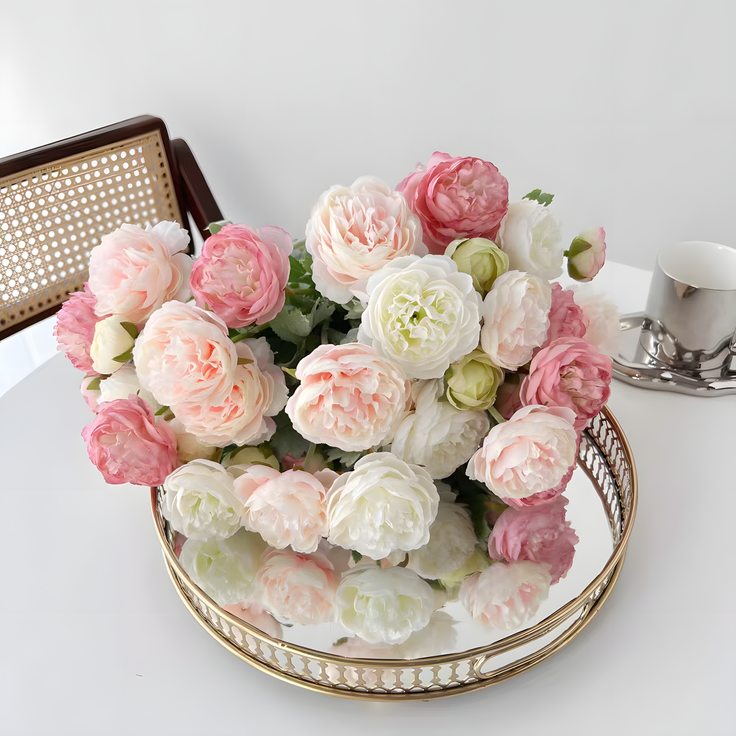 White Nordic Rose Artificial Flower Stem – 21 Inch Triple Bloom