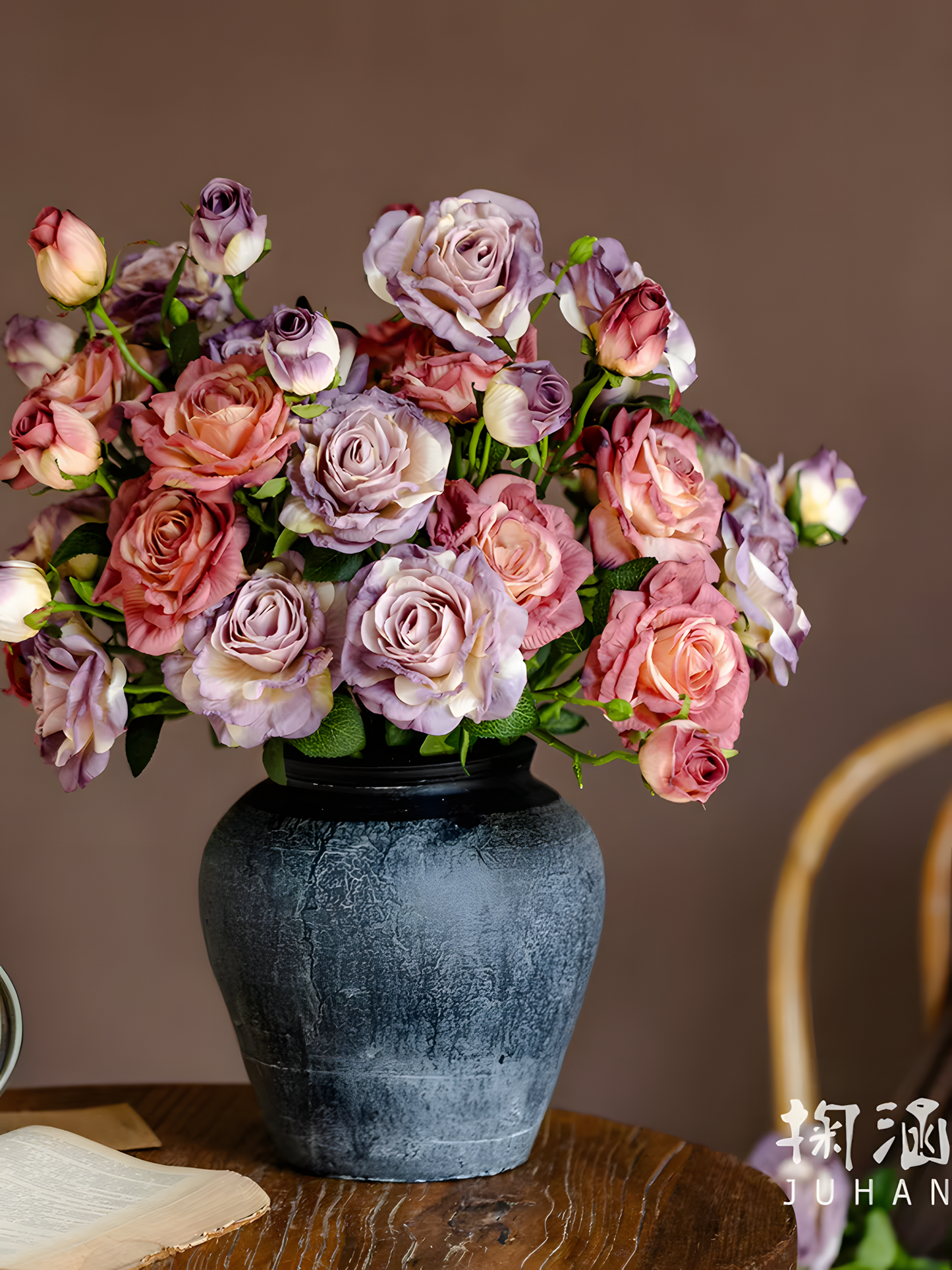 Deep Pink European Vintage Rose Artificial Flower Stem – 21 Inch Triple Bloom