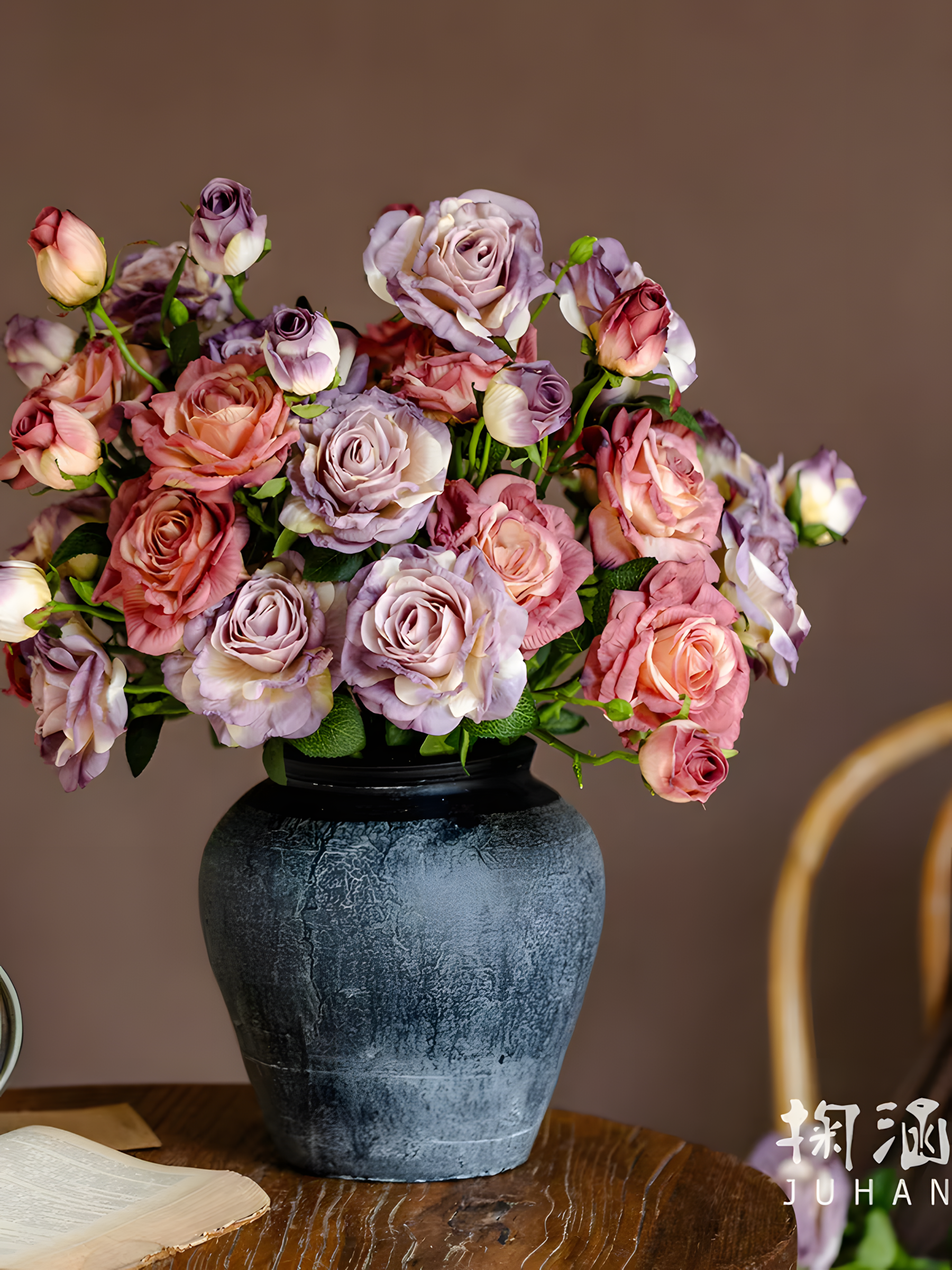 Deep Pink European Vintage Rose Artificial Flower Stem – 21 Inch Triple Bloom