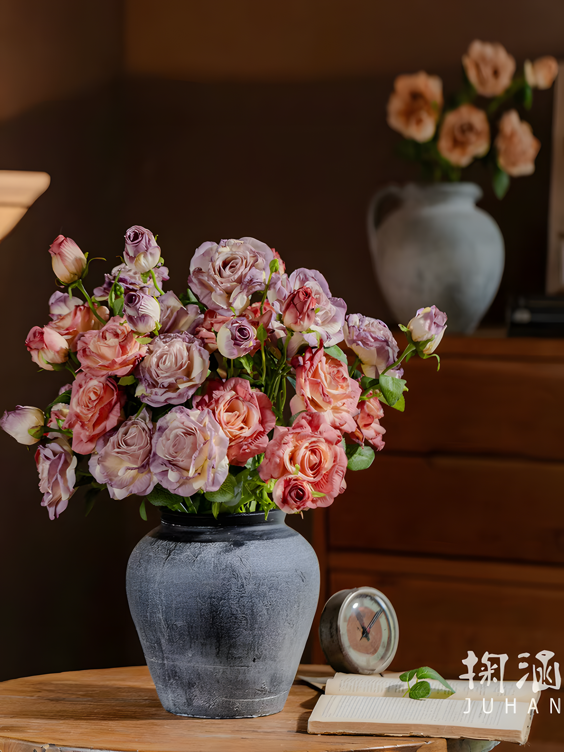 Purple European Vintage Rose Artificial Flower Stem – 21 Inch Triple Bloom