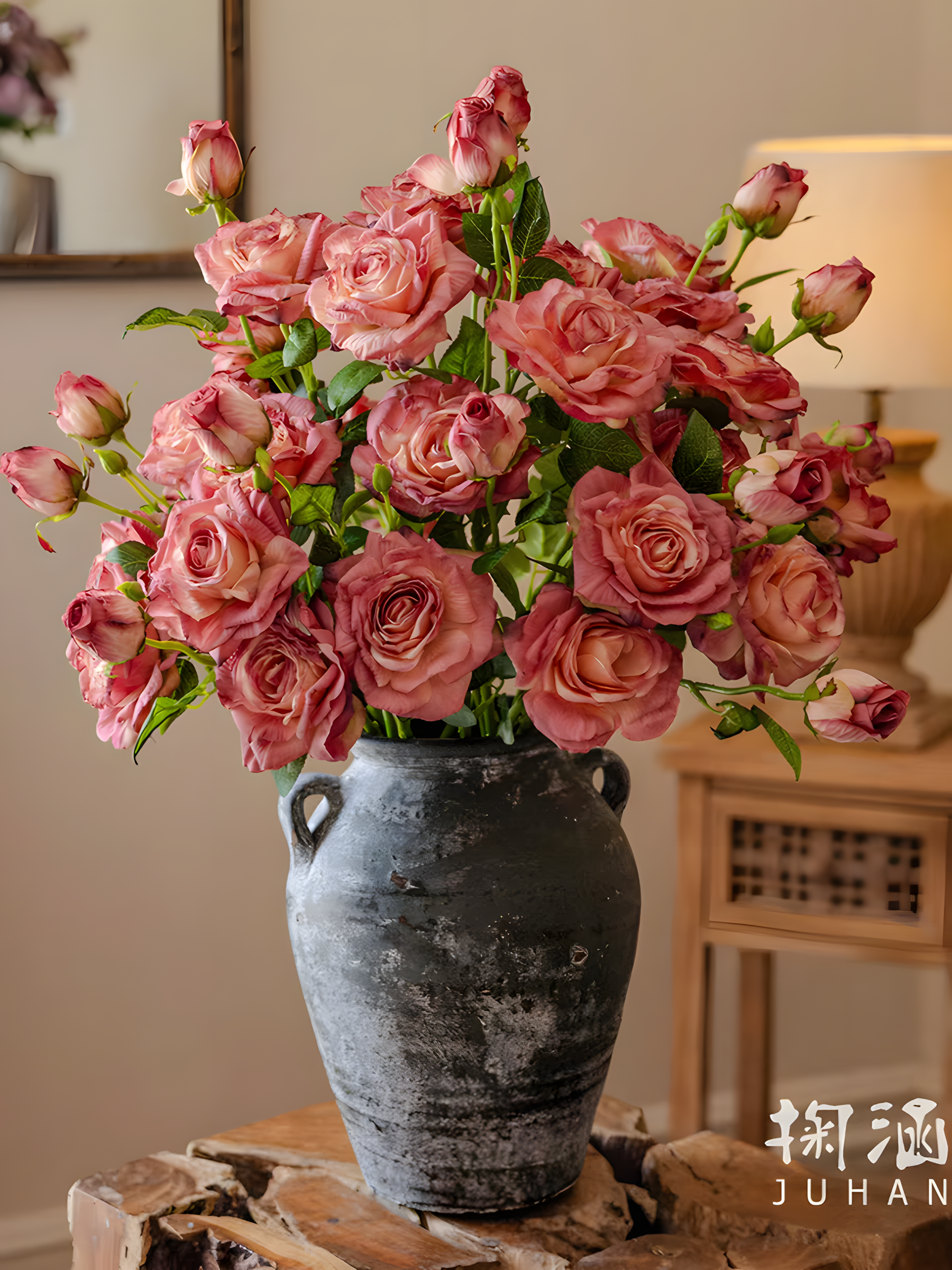 Deep Pink European Vintage Rose Artificial Flower Stem – 21 Inch Triple Bloom