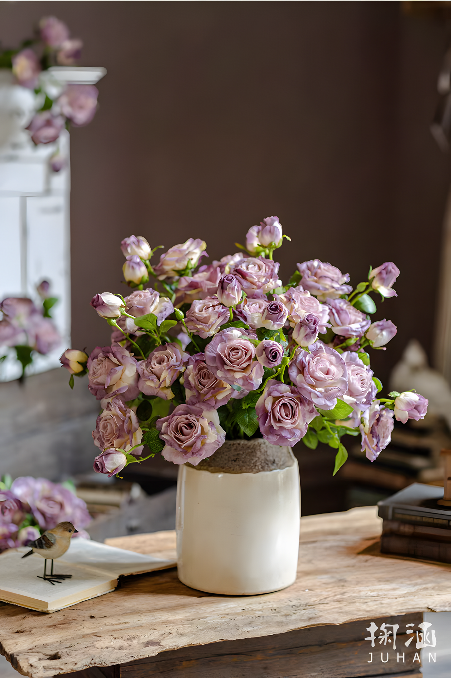 Purple European Vintage Rose Artificial Flower Stem – 21 Inch Triple Bloom