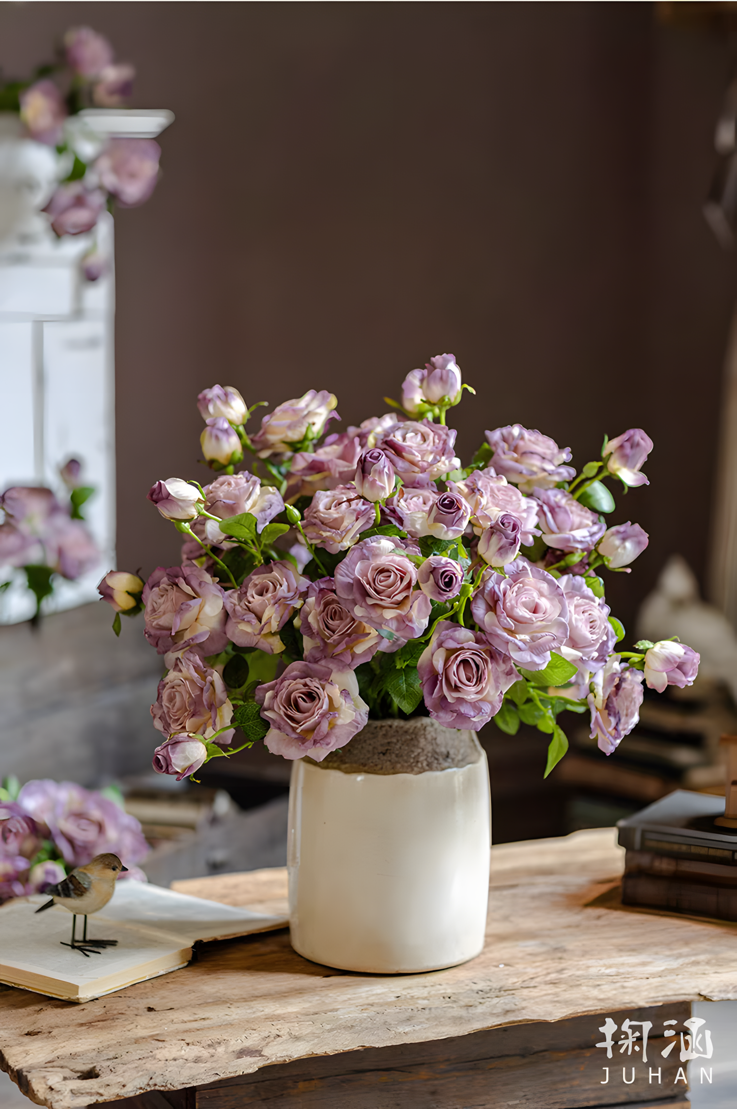 Purple European Vintage Rose Artificial Flower Stem – 21 Inch Triple Bloom