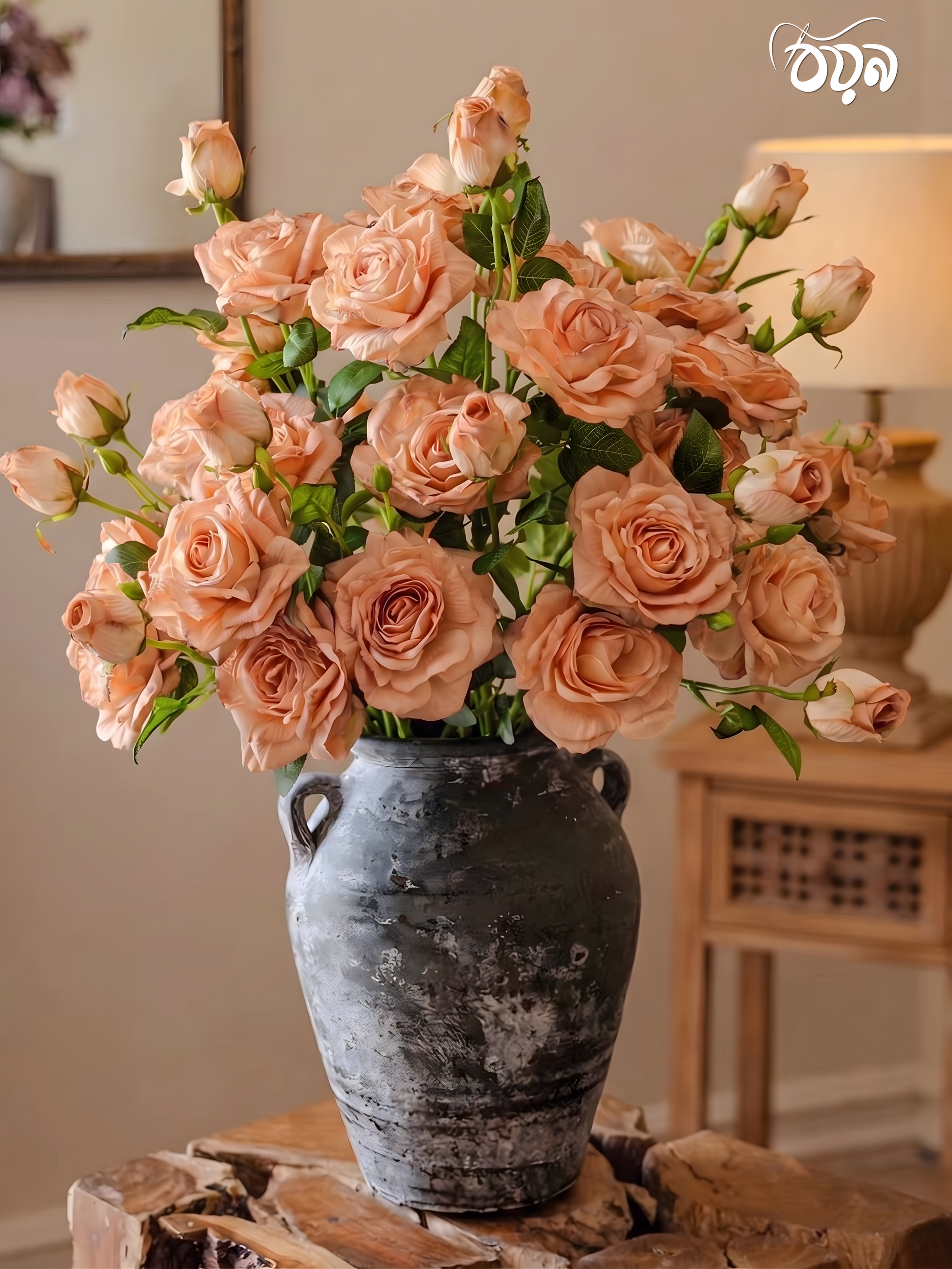 Peach European Vintage Rose Artificial Flower Stem – 21 Inch Triple Bloom